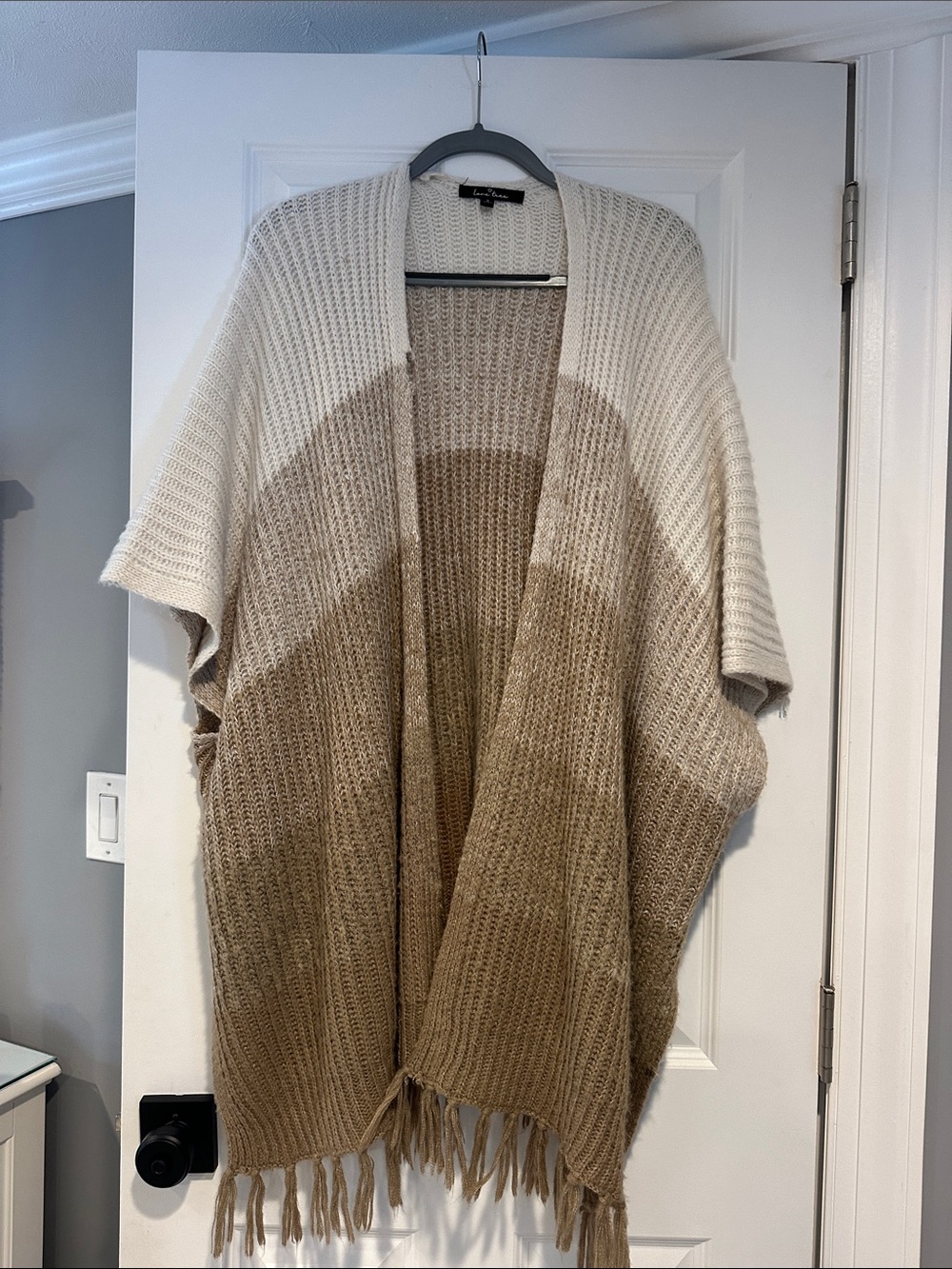 Lovedrobe Two-Tone Cream and Brown Knit Poncho with Fringe